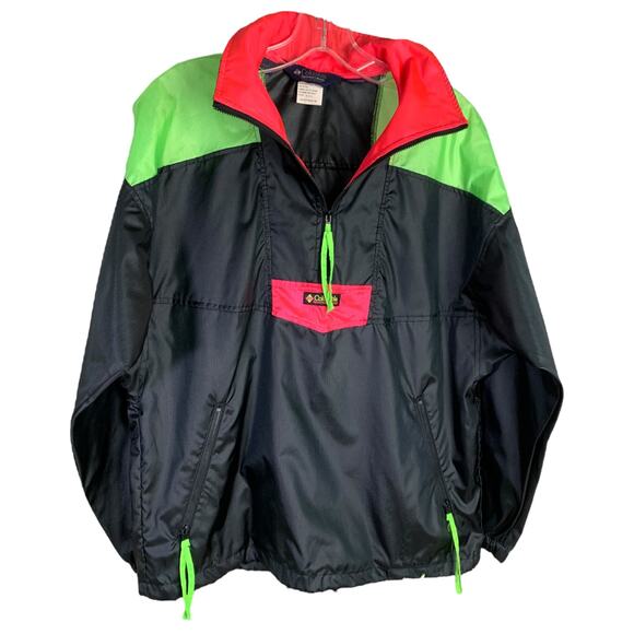 Columbia Windbreaker Jacket Women M Black Radial Sleeve Patent Half Zip 1980s - Picture 1 of 11